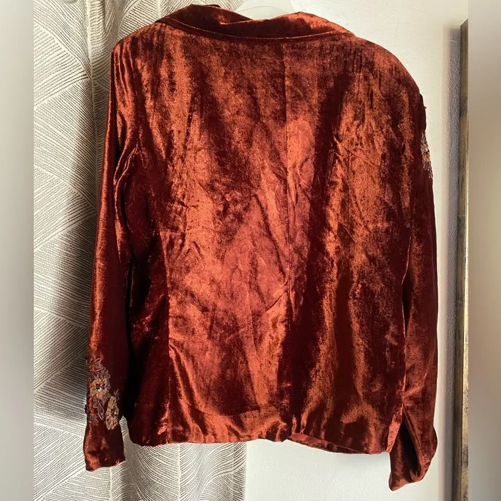 Coldwater Creek Rust Velvet Blazer with Floral Embroidery Boho Sz LP